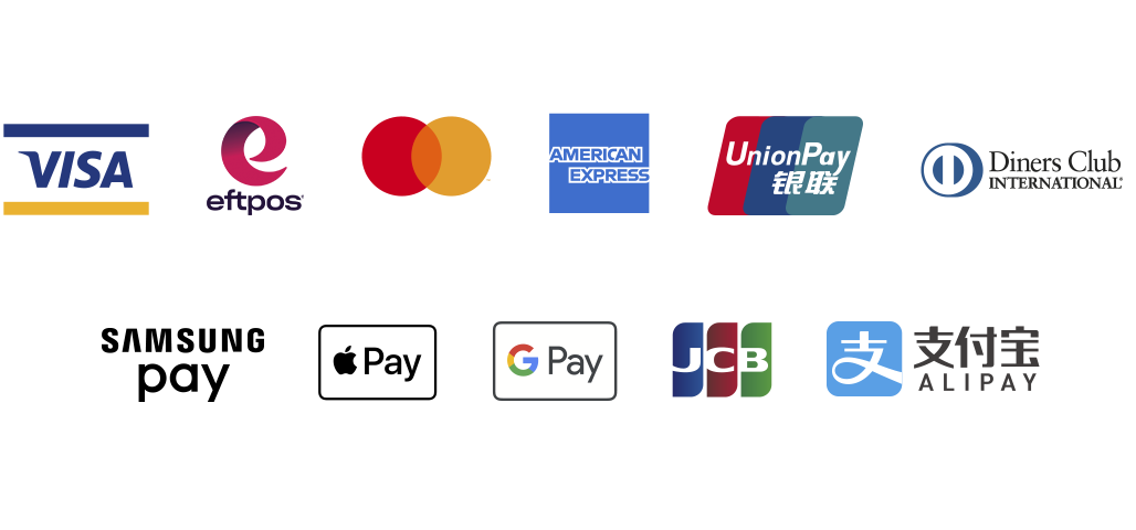 Payment types: Visa, eftpos, Mastercard, American Express, Union Pay, Diners Club International, Samsung Pay, Apple Pay, Google Pay, JCB and Alipay