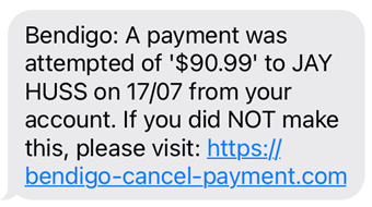 Example of a payment attempt SMS phishing message in July 2022.