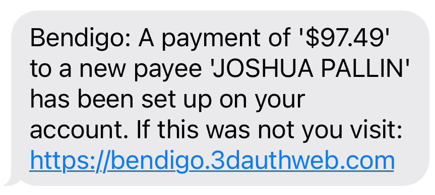 Example of a payment attempt SMS phishing message in July 2022.