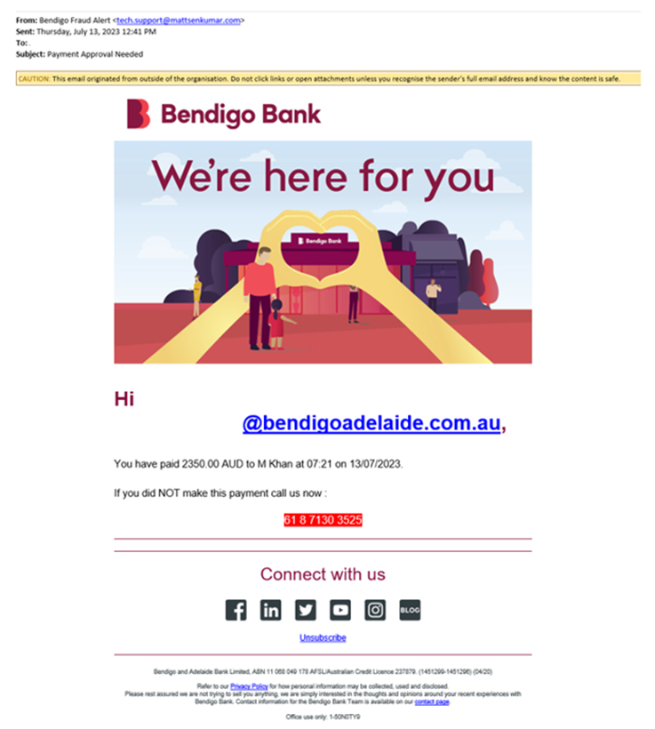 Example of payment approval needed email scam. Email advises customer about a recent payment and instructions to call a fake call centre if they did not make this payment.
