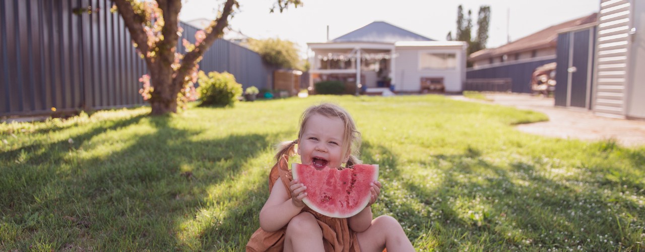 Young girl eating watermelon while sitting on a shady lawn in a suburban backyard.