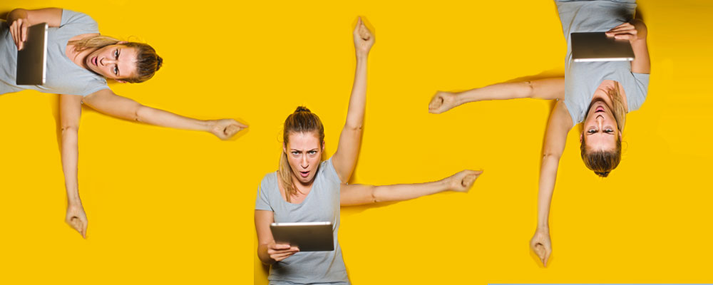 A woman with three arms multitasking on a yellow background