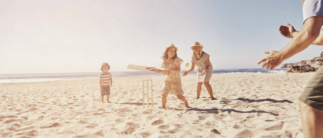 A family playing cricket on the beach