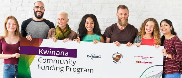 Kwinana Community Funding program novelty cheque and community members holding it.
