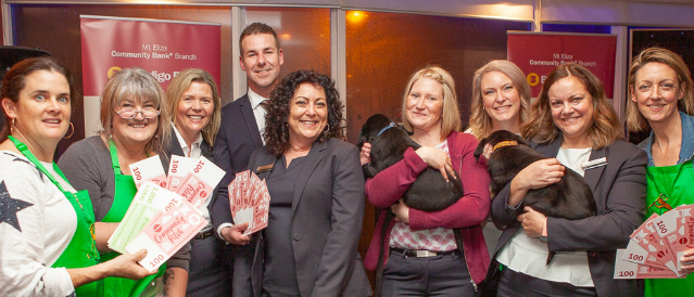 Mt Eliza branch staff with recipients of funding from Community Pitch program.