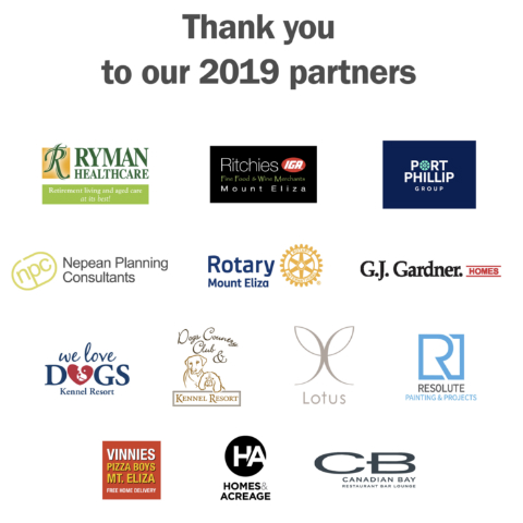 Graphic showcasing logos of the local organisations that were partners in the 2019 Mt Eliza Community Pitch program.