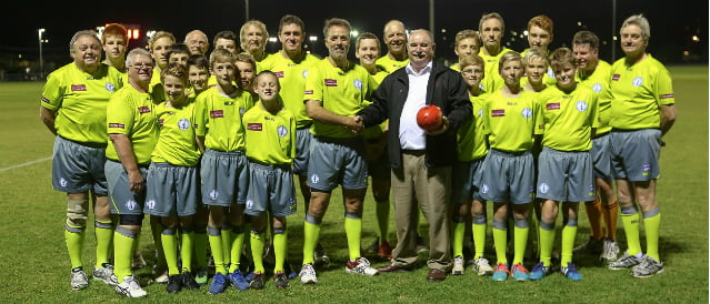 Port Lincoln sports groups with Port Lincoln Community Bank Branch manager celebrating a grants program to support local football umpires.
