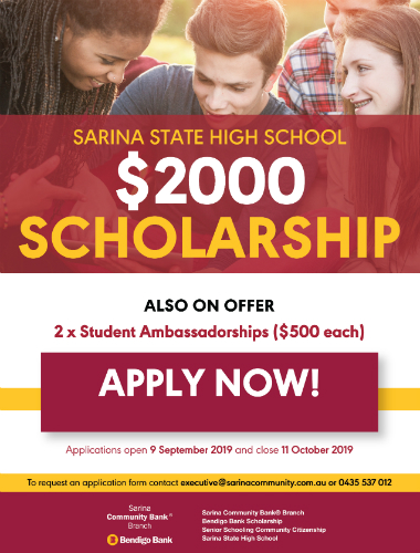 Sarina poster image promoting local scholarship program.