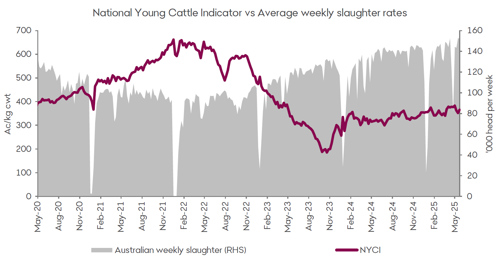 A graph showing the National Young Cattle Indicator in Australian cents per kilo carcass weight on the left-hand side and Australian weekly slaughter in thousand head per week on the right-hand side of the graph. The graph covers May 2020 through until May 2025. The National Young Cattle Indicator hit its highest level since May 2023 while slaughter also remains elevated at over 150,000 head per week.
