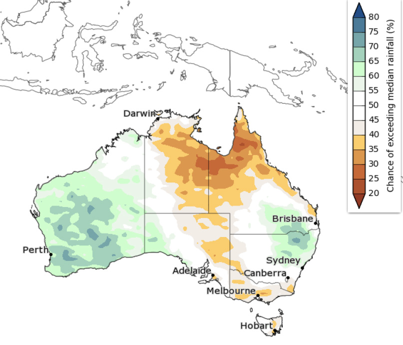Image of Australia showing the chance of exceeding medium rainfall. The February rainfall outlook from the Bureau of Meteorology indicates that the northern areas of Queensland are forecast for a below average chance of median rainfall. Should this rainfall forecast eventuate, producers will be able to commence recovery from the floods, however it will take time to fully recover.
