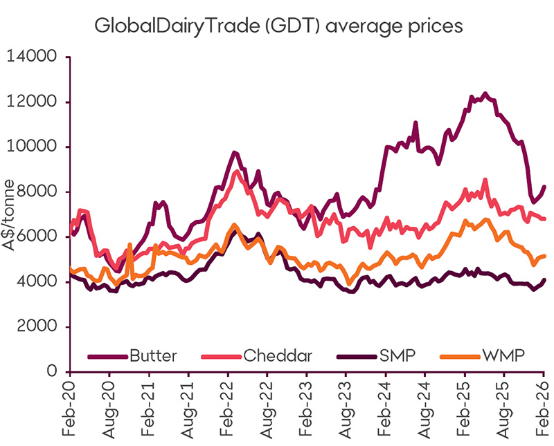 A line chart showing global dairy prices for butter, cheddar, skim milk powder and whole milk powder in Australian dollars per tonne. Prices across most key dairy sectors have broadly eased in recent months.