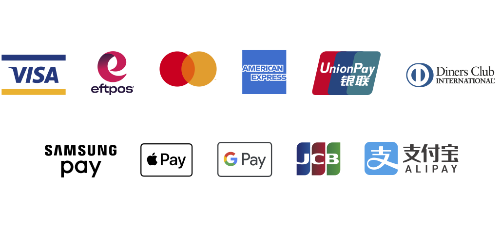 Payment types: Visa, eftpos, Mastercard, American Express, Union Pay, Diners Club International, Samsung Pay, Apple Pay, Google Pay, JCB and Alipay