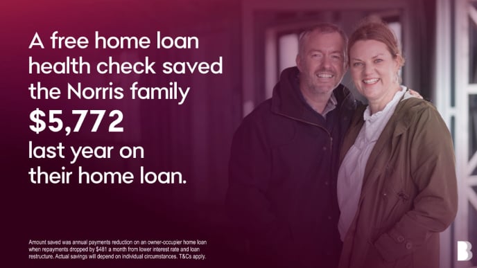 Image of Mr and Mrs Norris with the words "A free home loan health check saved the Norris family saved $5,772 last year on their home loan".