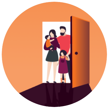 Illustration of family entering their home.
