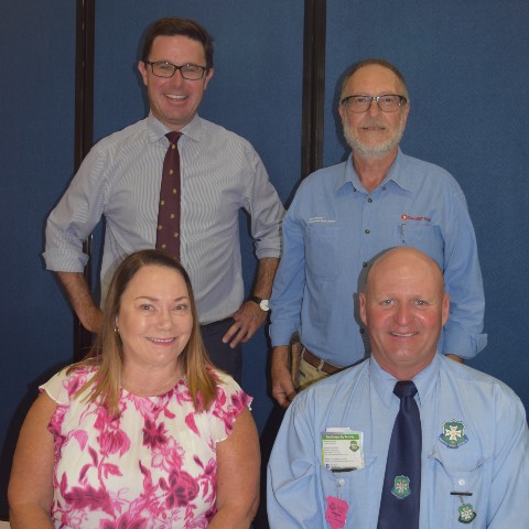 Four people together. Two standing, David Littleproud, Minister for Agriculture and Don Gaske, Chair of Community Bank Stanthorpe. Two people sitting,  Anne-Louise Byrne, Branch Manager Community Bank Stanthorpe,  and Brett Boatfield, Show Society President.