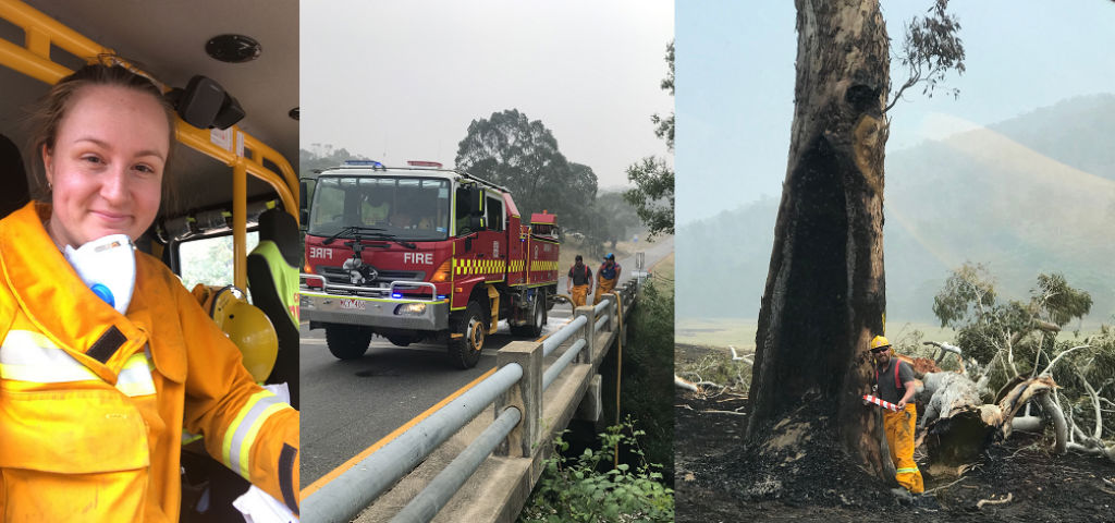 Collage of images: Brittany in a fire truck, firetruck filling with water from the creek, a volunteer working on a burnt tree.