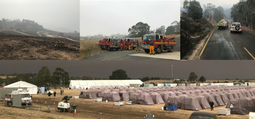 Collage of four images: Burnt countryside, Volunteers with their fire trucks, two emergency services vehicles on road through burnt bushland, and tent city.