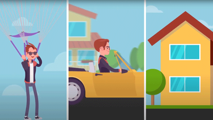 Illustrations of a personal loan applicant on holiday, in their convertible car, and their recently renovated house.