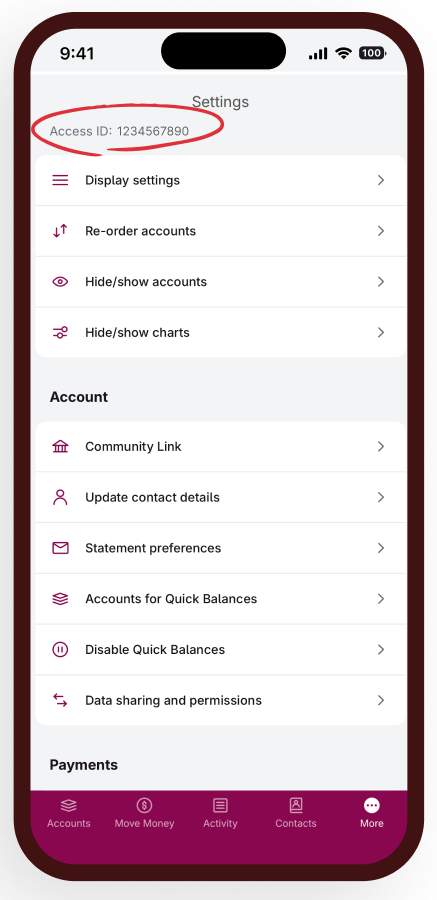 Screen capture of the Bendigo Bank app showing location of the Access ID