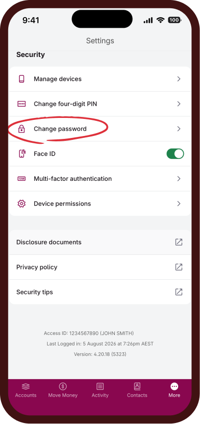 Screen capture of the change password pages in the Bendigo Bank App