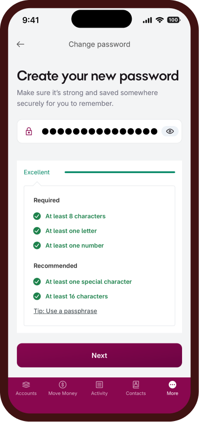 Screen capture of the change password pages in the Bendigo Bank App